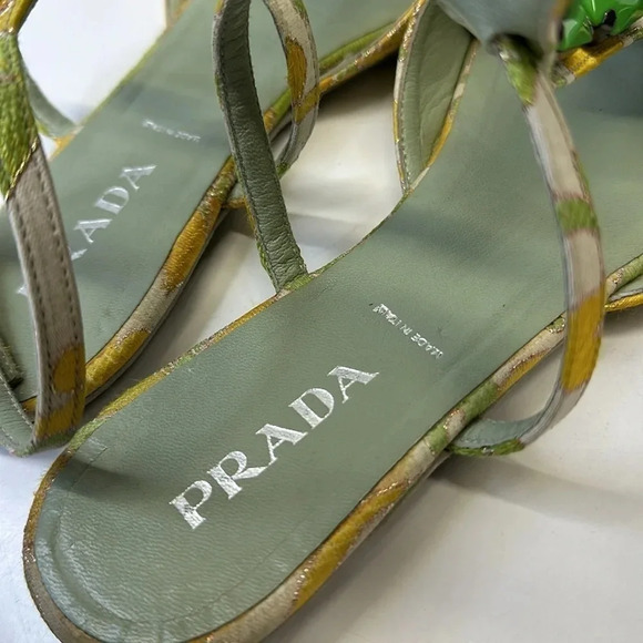 Prada T-Strap Open Toe Sandals Jacquard Floral Fabric Brocade Green Size 38 8 - Picture 7 of 10